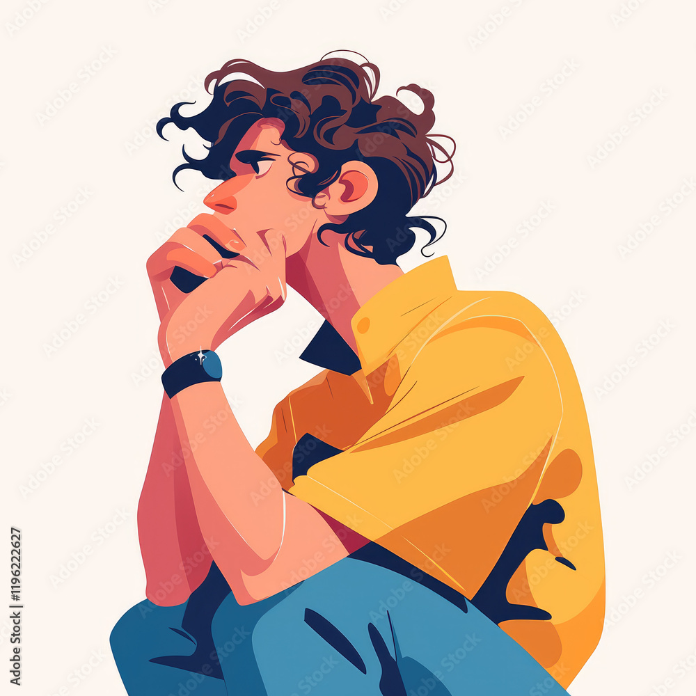 A Man Thinking Deeply in a Flat Illustration Style of Contemplation A Man Thinking Deeply in a Flat Illustration Style of Contemplation