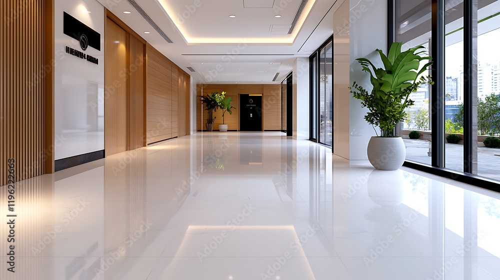 Fototapeta premium Modern Office Lobby Interior with Polished Floor and Natural Light