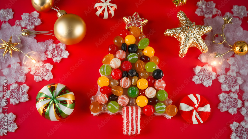 High angle shot of a Christmas tree shape made of assorted jelly candies and licorice on a bold red background with festive baubles, HD, 8K High angle shot of a Christmas tree shape made of assorted jelly candies and licorice on a bold red background with festive baubles, HD, 8K