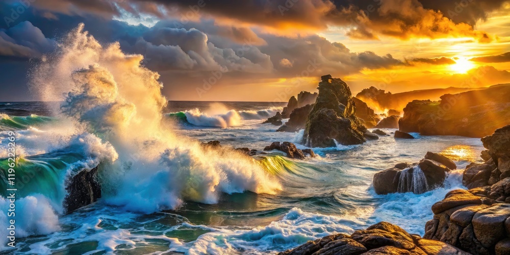 Fototapeta premium Ocean Waves Crashing on Rocks - Dramatic Coastal Landscape Photography