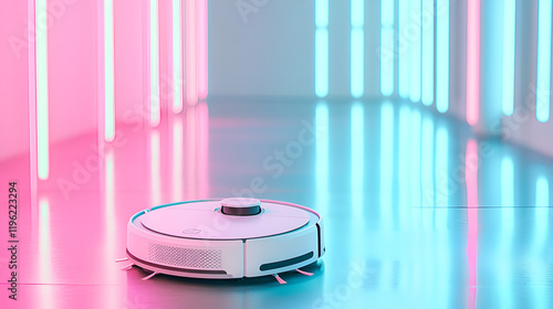 Futuristic robotic vacuum cleaner on a metallic floor with pink and blue neon lighting. photo