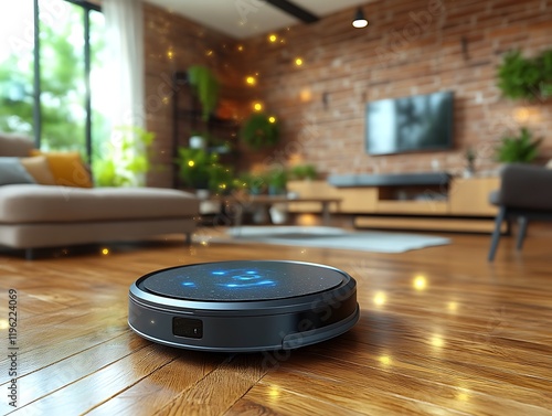 Smart robot vacuum cleaner on hardwood floor in modern living room. photo