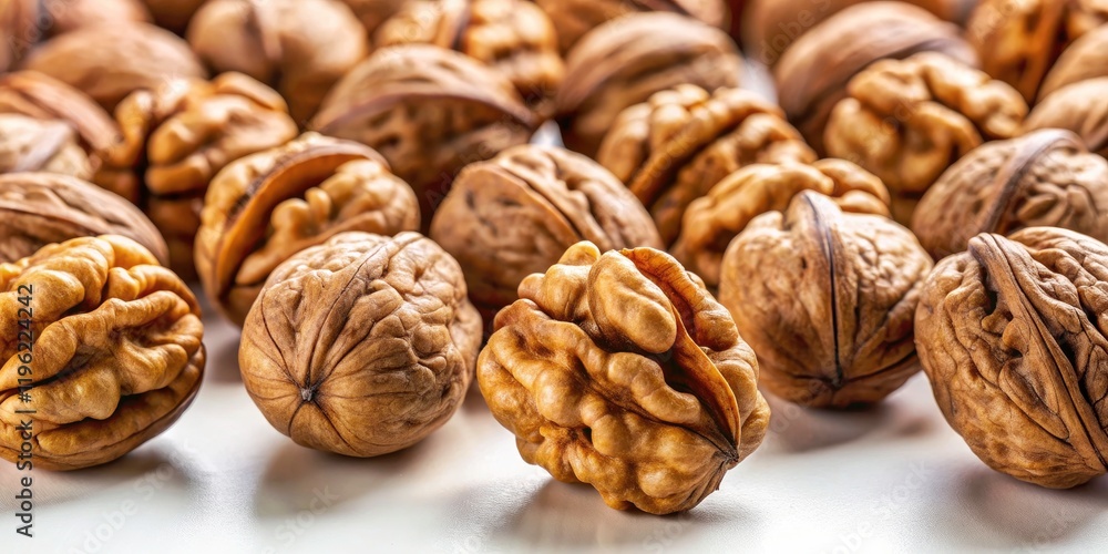 Panoramic Close-Up: Textured Walnut Halves, Shelled Nuts, White Background Panoramic Close-Up: Textured Walnut Halves, Shelled Nuts, White Background