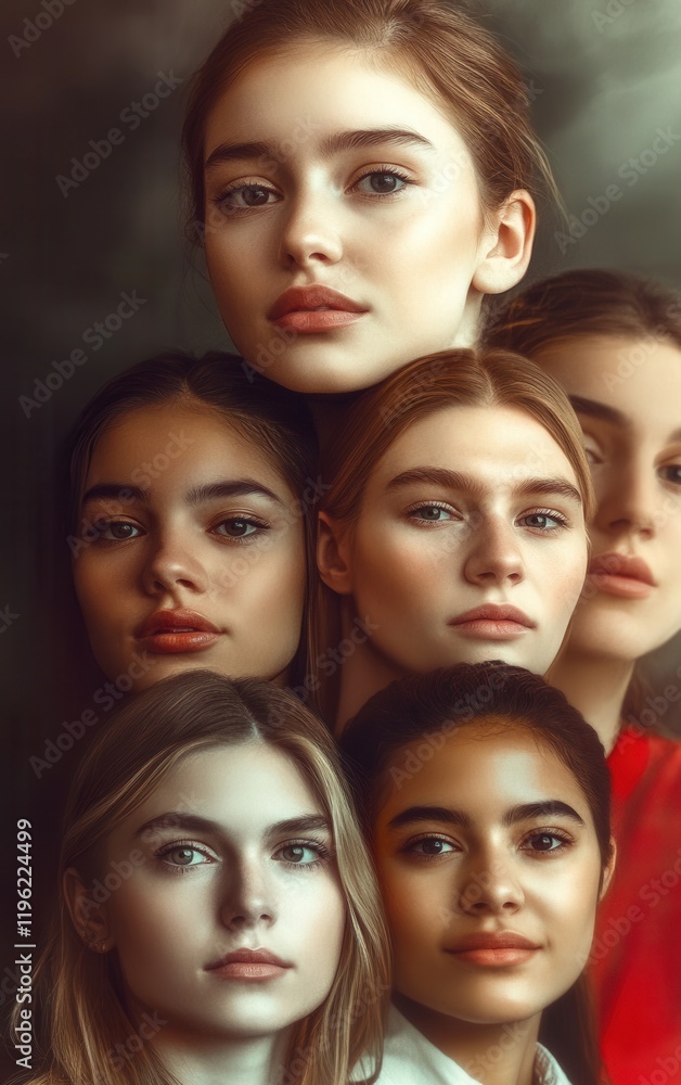 Obraz premium Empowering portrait of diverse women radiating confidence, individuality and inclusivity, styled with bold colors and modern beauty aesthetics.