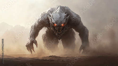 hulking creature with glowing eyes and sharp claws emerges