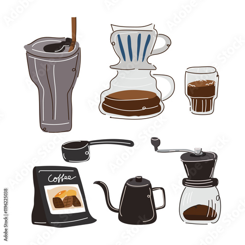 A set of coffee maker illustration flat and doodle line style