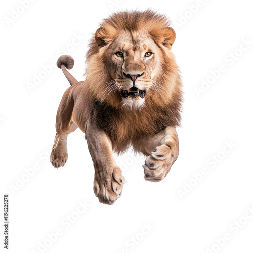 A majestic lion leaping forward, showcasing its strength and powerful presence. transparent background photo