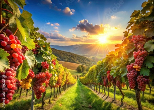 Panoramic Red Grapes Harvest, Vineyard Landscape, Autumn Sun, Lush Foliage, German Wine Country, Rote Trauben Panorama