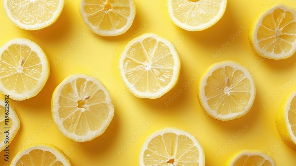 Sliced lemons spread out on a bright yellow background Sliced lemons spread out on a bright yellow background