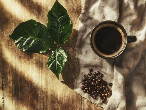 Freshly brewed coffee in a minimalist ceramic mug on a wooden surface, styled with natural accents and warm light, evoking eco-friendly elegance. photo