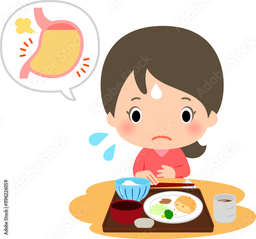 満腹で食事を食べきれず箸を置く女性