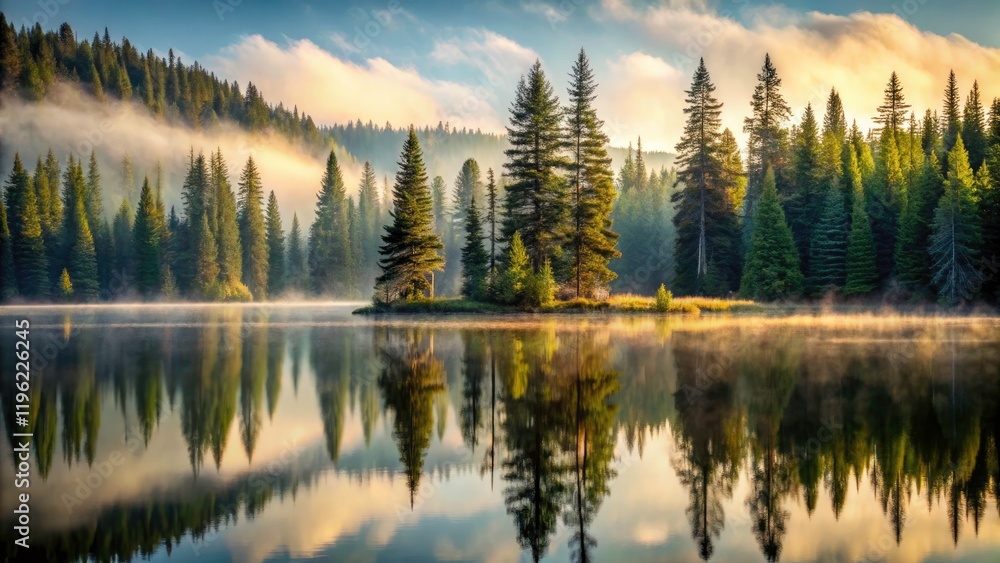 Misty Coniferous Forest Lake Reflection Mountain Landscape High Depth of Field Photography Misty Coniferous Forest Lake Reflection Mountain Landscape High Depth of Field Photography