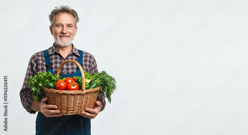 Happy Farmer Holding Basket Fresh Organic Vegetables Garden Produce Healthy Food man red diet dill rural green Happy Farmer Holding Basket Fresh Organic Vegetables Garden Produce Healthy Food man red diet dill rural green
