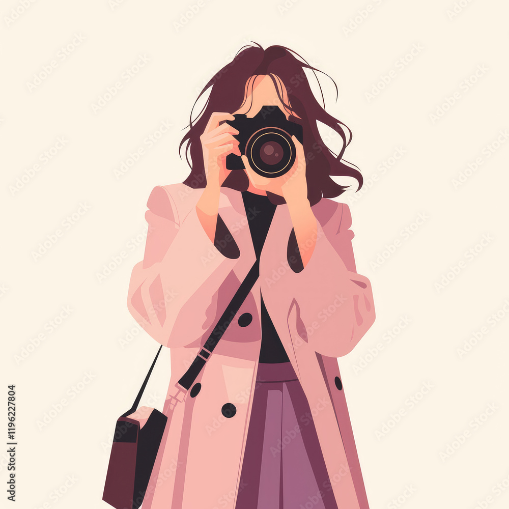 A Woman Holding a Camera and Taking a Photo in a Creative Flat Illustration A Woman Holding a Camera and Taking a Photo in a Creative Flat Illustration