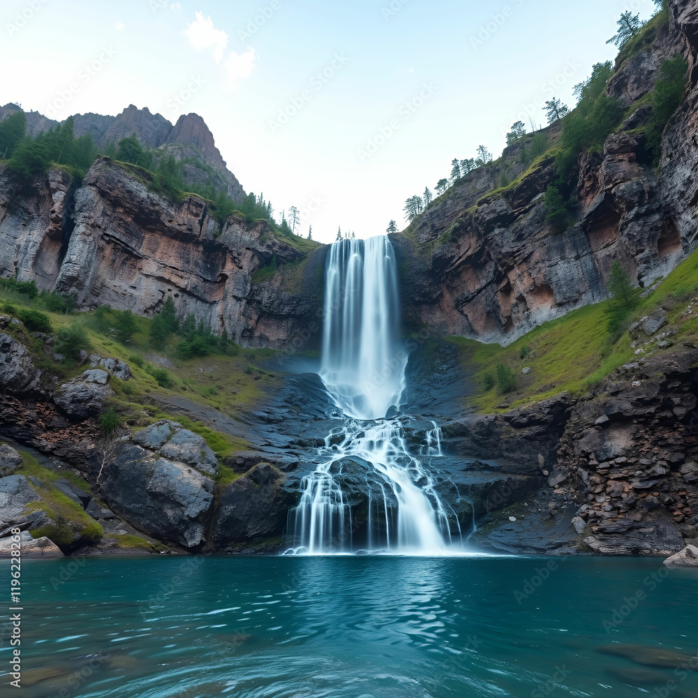 Naklejka premium Beautiful shot of a waterfall coming down from mountains