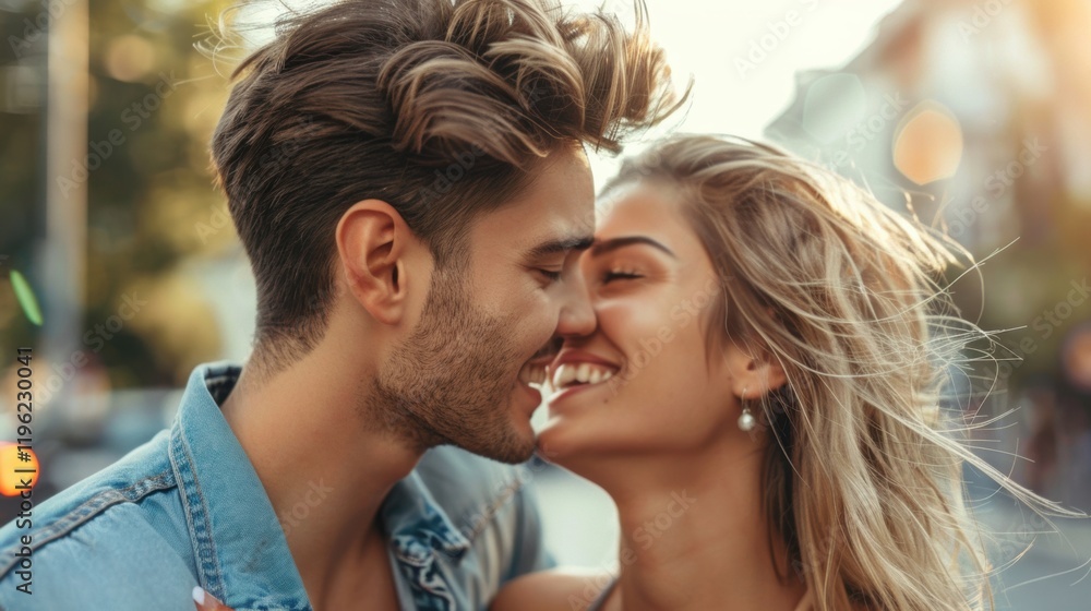 KISS day, A couple in denim embracing and touching foreheads affectionately KISS day, A couple in denim embracing and touching foreheads affectionately