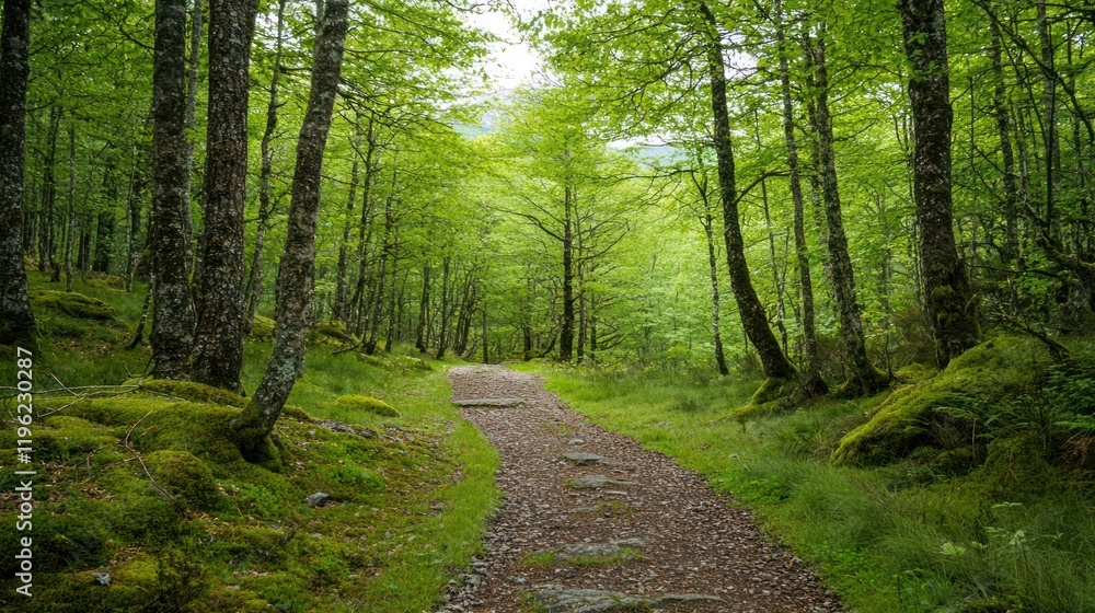 Obraz premium A peaceful path winding through a thick forest, with tall trees and soft moss lining the ground.