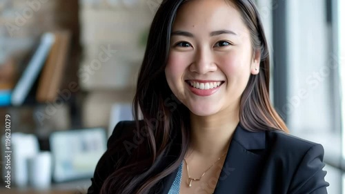 Wallpaper Mural Young Asian Businesswoman Smiling While Using Laptop in Modern Office Torontodigital.ca