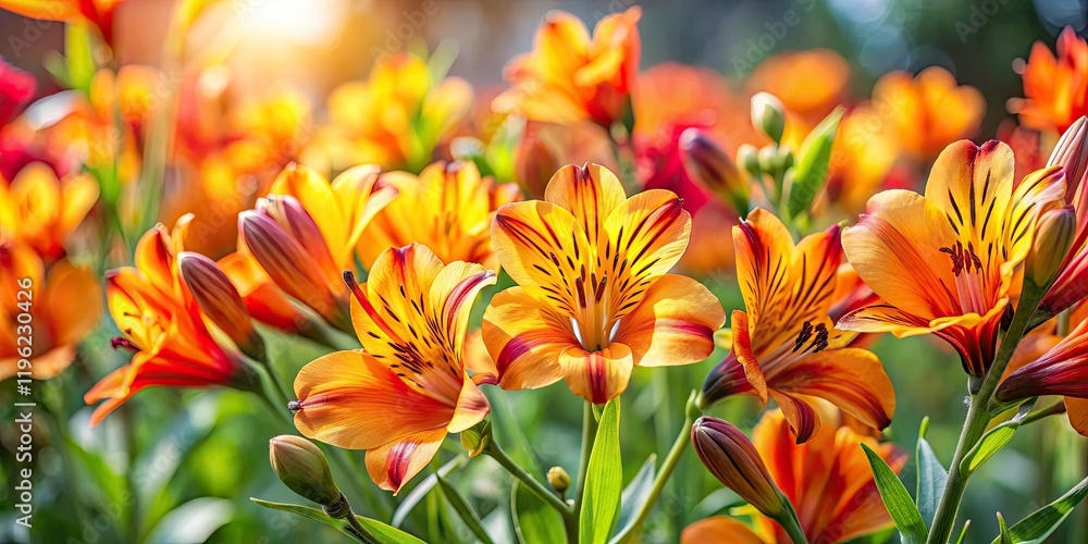 Fototapeta premium Peruvian Lily Garden, Bright Orange Yellow Flowers, Candid Photography, Blooming Alstroemeria, Summer Flowers
