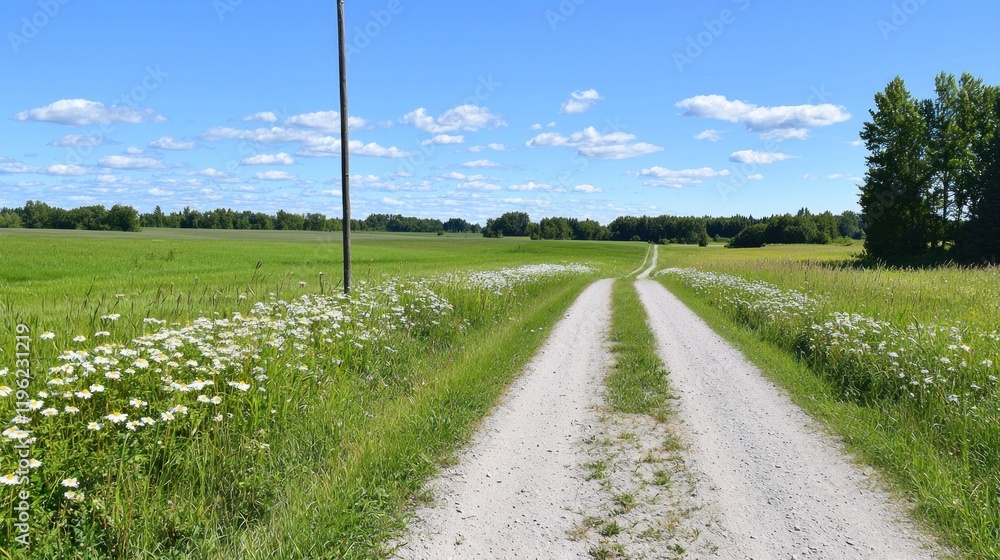 A serene dirt road bordered by wildflowers under a bright sky. A serene dirt road bordered by wildflowers under a bright sky.