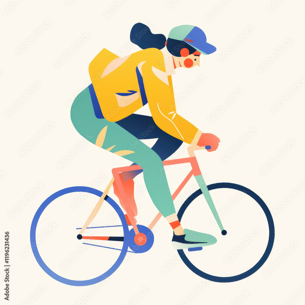 Obraz premium A Flat Illustration of a Boy Riding a Bicycle Against a Scenic Backdrop