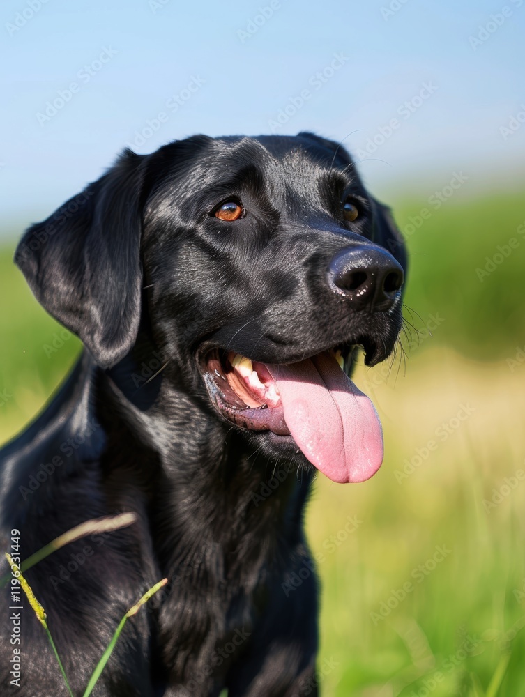 A black Labrador retriever with a panting tongue, outside in a sunny field A black Labrador retriever with a panting tongue, outside in a sunny field