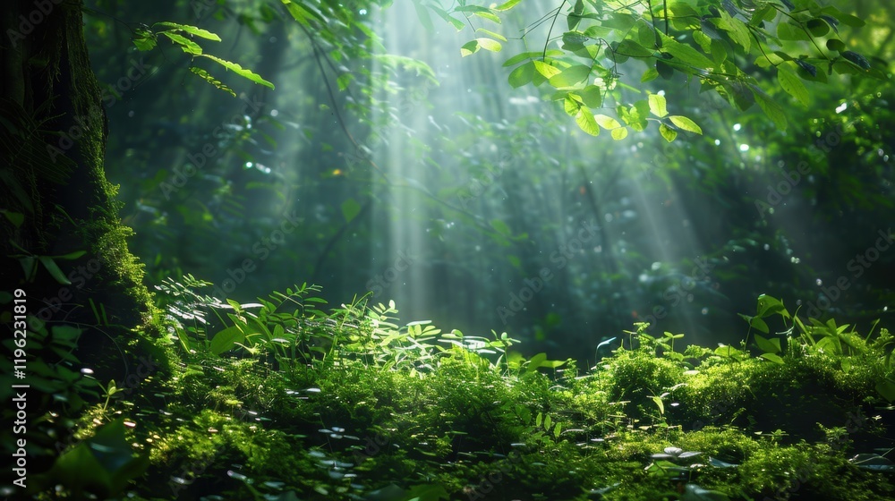 Obraz premium Sunlight filtering through lush green forest canopy