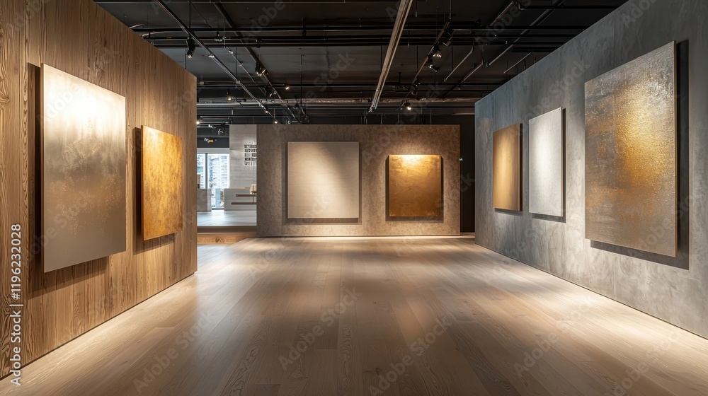 Modern wall cladding from brushed aluminum to oak, softly lit. Modern wall cladding from brushed aluminum to oak, softly lit.