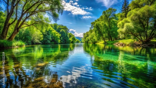 Serene River Scene: Minimalist Photography of Calm Water, Green Trees, Riverbank