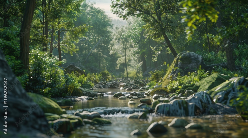 Fototapeta premium A serene stream flows through a lush, sun-dappled forest with rocks and greenery