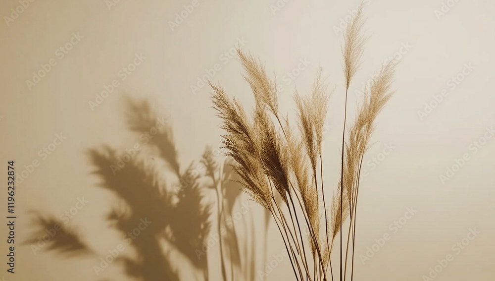 Dried Pampas Grass Shadows Dance on Wall, Creating a Serene Autumnal Atmosphere in Home Decor. Dried Pampas Grass Shadows Dance on Wall, Creating a Serene Autumnal Atmosphere in Home Decor.
