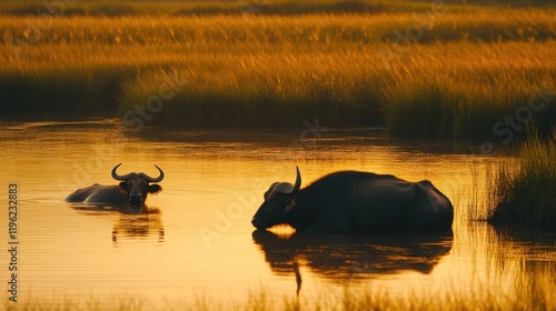 Peaceful Buffalo Resting by Water in Golden Light
