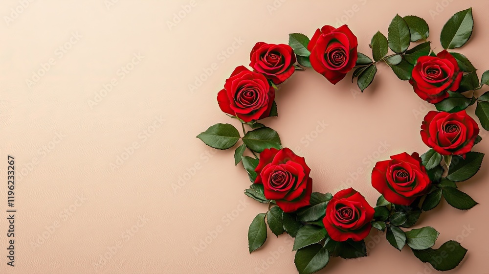 Heart-shaped arrangement of red roses on a soft background Heart-shaped arrangement of red roses on a soft background