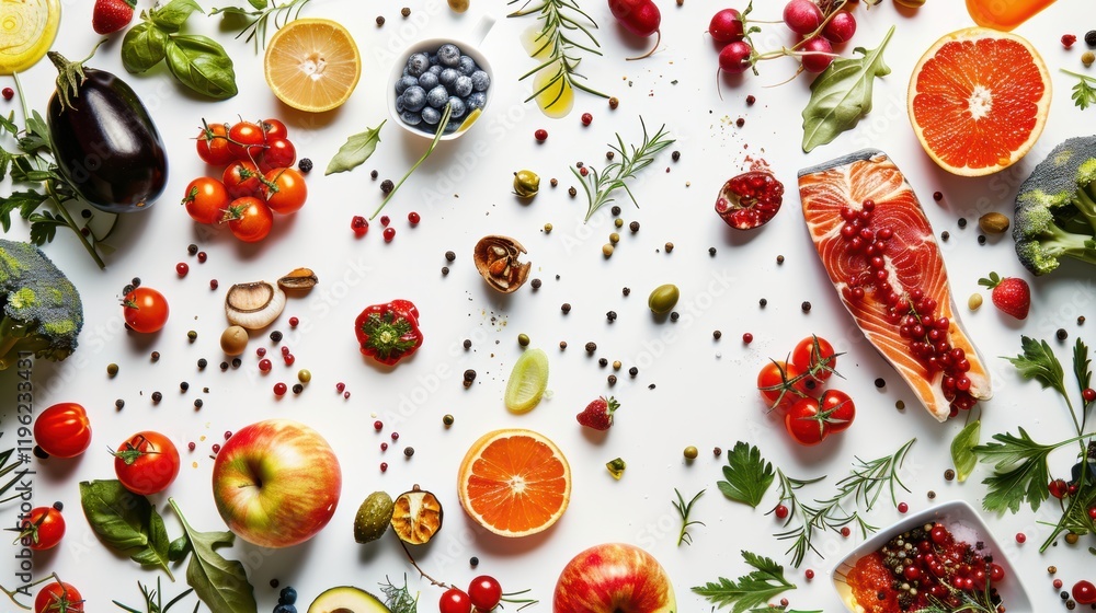 Assorted fresh fruits, vegetables, and herbs spread out on a white background Assorted fresh fruits, vegetables, and herbs spread out on a white background
