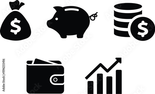  Finance icons. Business Icons, money signs. Money silhouette collection. Wallet with cards icon. Coins silhouette icon. Growth chart. Moneybag or stash. Piggy bank flat style - stock vector.