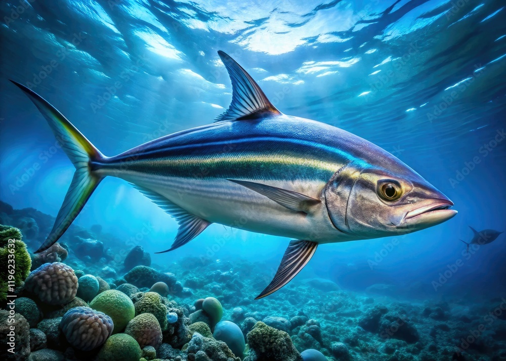 Naklejka premium A sharp underwater photo reveals an Indian Threadfin (Alectis indica), a vibrant Indian Ocean fish.
