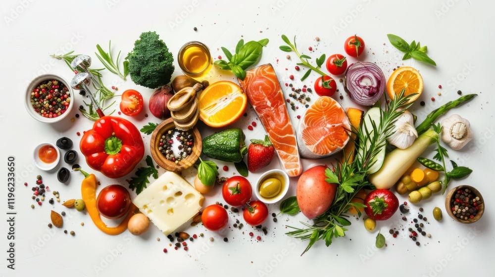 An array of fresh vegetables, fruits, fish, and herbs spread out on a white background An array of fresh vegetables, fruits, fish, and herbs spread out on a white background