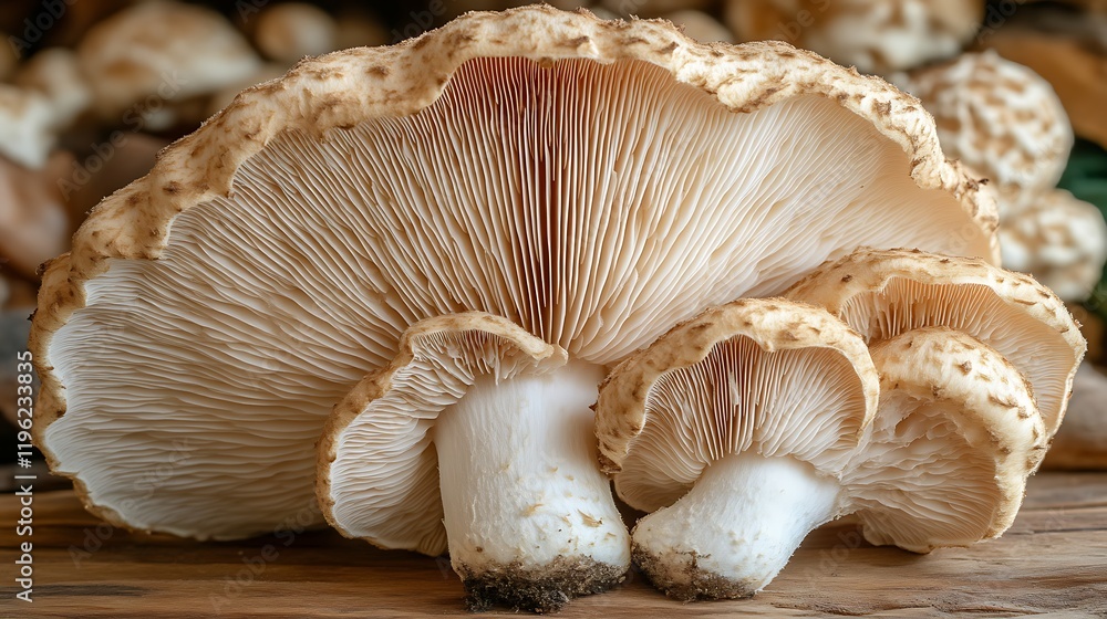 Close-up of three large beige mushrooms on wood. Close-up of three large beige mushrooms on wood.