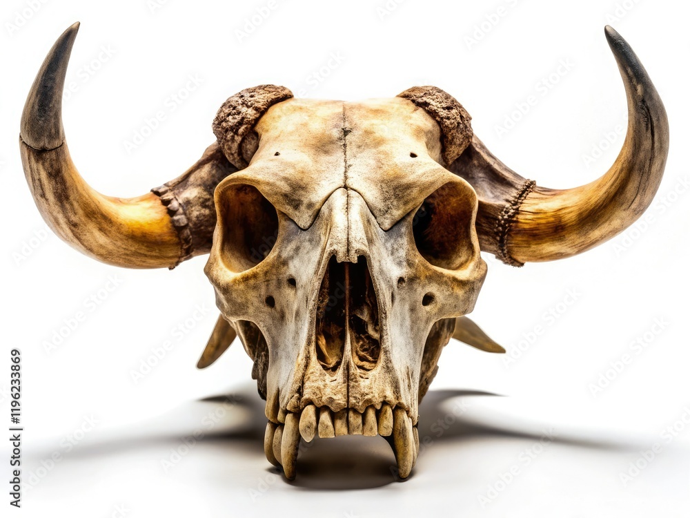 Fototapeta premium A stark white backdrop accentuates the ox skull's detailed texture under dramatic lighting.
