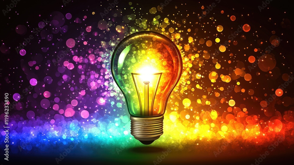 Vibrant light bulb glowing with colorful bokeh background Vibrant light bulb glowing with colorful bokeh background