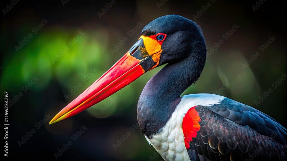 Fototapeta premium Saddle-billed Stork Low Light Photography: Night Birds, African Wildlife, Nocturnal Animals, Bird Photography, Dark Nature
