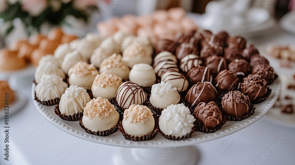 Elegant assortment of gourmet chocolate truffles on display Elegant assortment of gourmet chocolate truffles on display