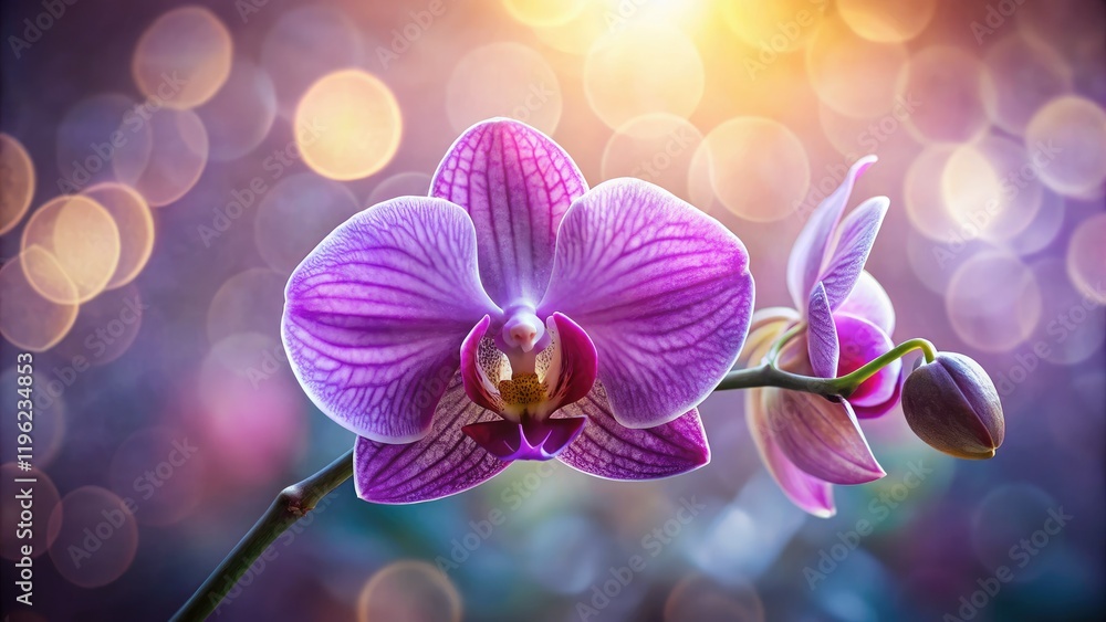 Naklejka premium A vibrant purple orchid explodes in close-up detail, showcasing its exotic beauty in stunning macro photography.