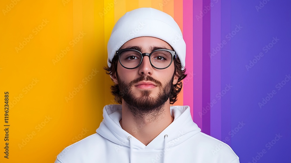 Portrait of a Young Man with Glasses and White Hoodie Against Colorful Background Portrait of a Young Man with Glasses and White Hoodie Against Colorful Background