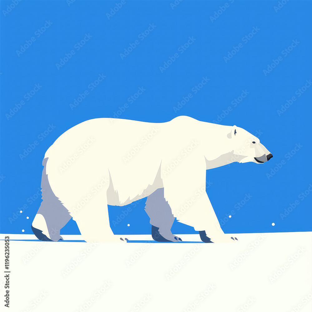 Fototapeta premium A Polar Bear Walking on Snow in a Flat Illustration of Arctic Wildlife