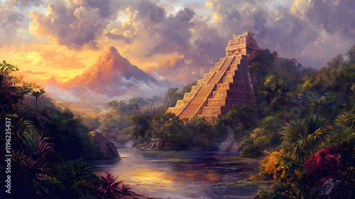 Majestic Mayan Pyramid at Sunset: A Serene Jungle Landscape