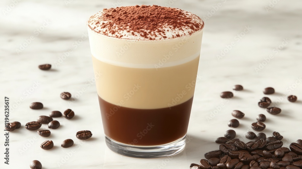 A cappuccino topped with cocoa powder, placed on a white marble surface with coffee beans scattered nearby A cappuccino topped with cocoa powder, placed on a white marble surface with coffee beans scattered nearby