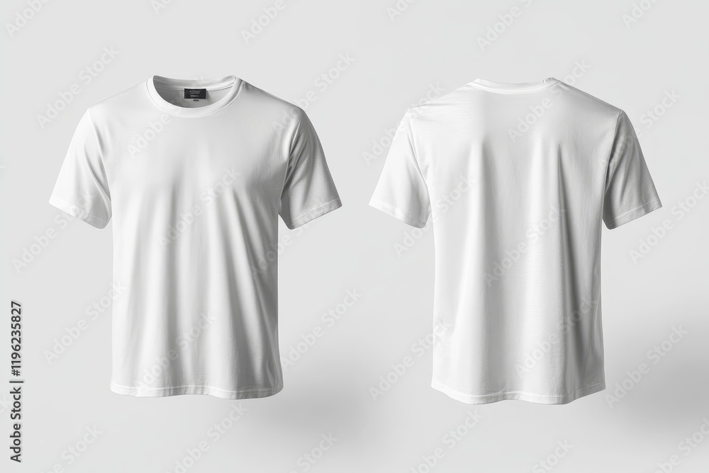 White t-shirt mockup, front and back views, isolated on white background. White t-shirt mockup, front and back views, isolated on white background.