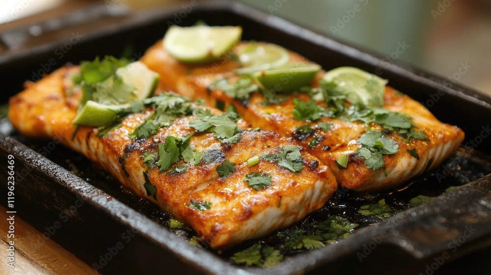 A close-up of a sizzling hot platter of tandoori fish garnished with lime and coriander A close-up of a sizzling hot platter of tandoori fish garnished with lime and coriander