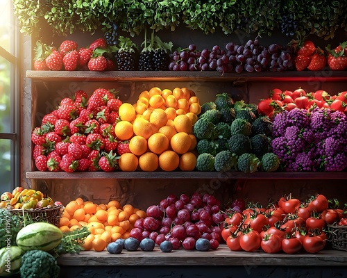 Overflowing Farmer s Market Stall Displaying Vibrant Fruits and Vegetables photo